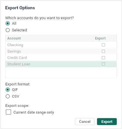 The options of an export