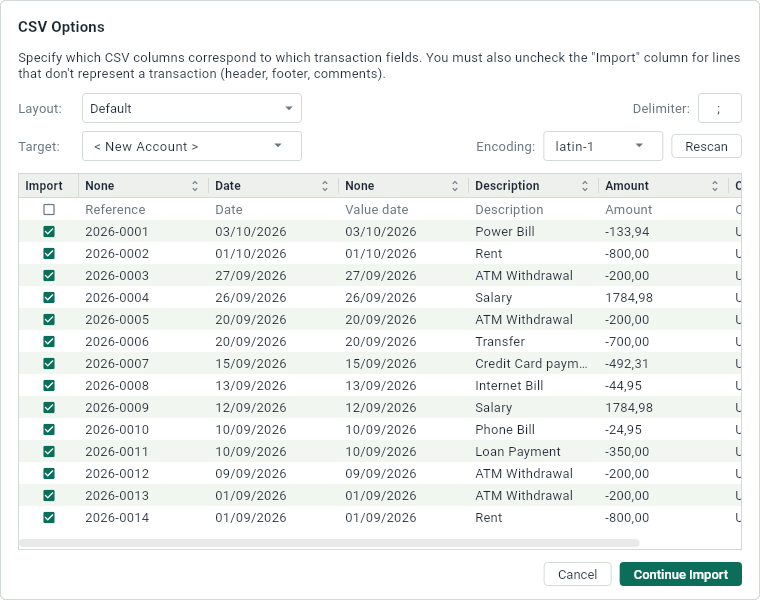 The window to say what the columns of a CSV file are