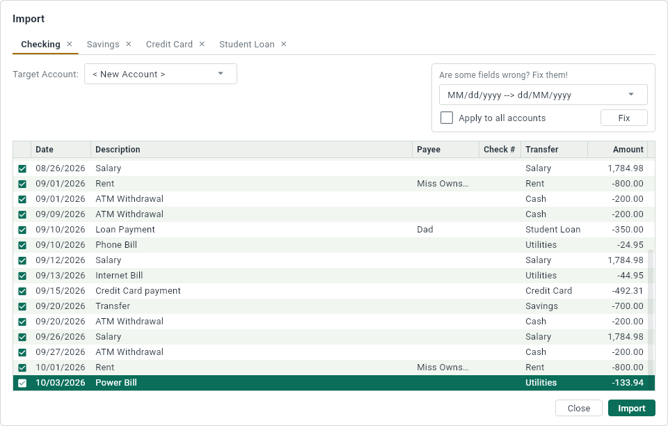 The import window, with a file of four accounts