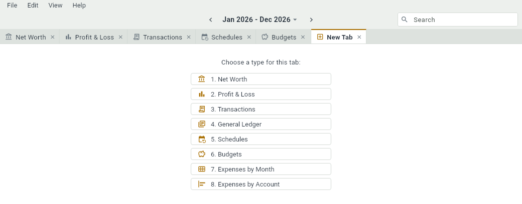 A new tab, with a button for each view