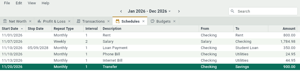 The Schedules tab of the example document