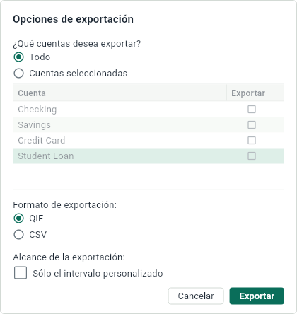 Las opciones de una exportación
