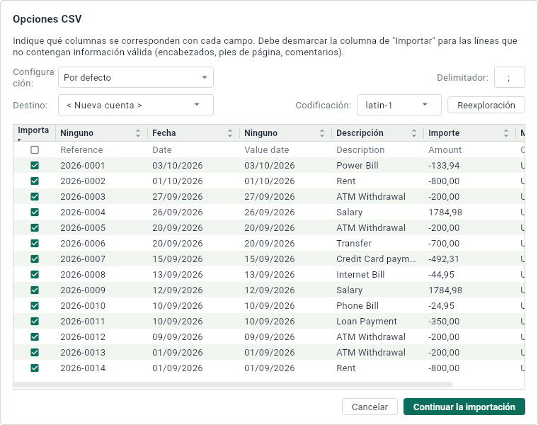 La ventana para decir qué son las columnas de un archivo CSV