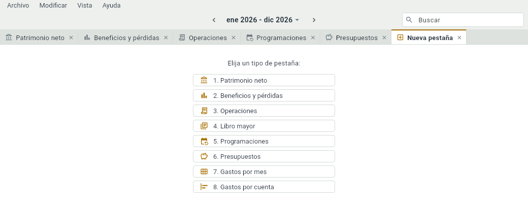 Una pestaña nueva, con un botón para cada vista