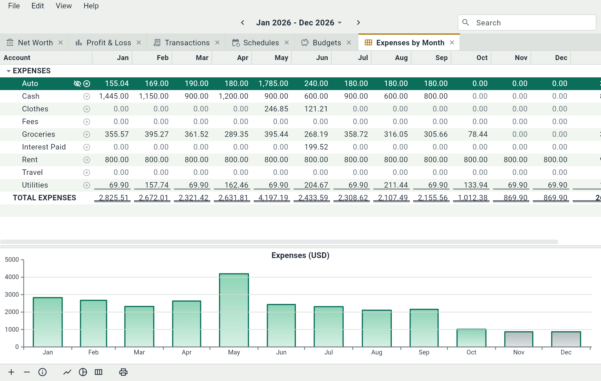Expenses by Month: a row for each expense account and a column for each month, and the bars of the expenses of each month.