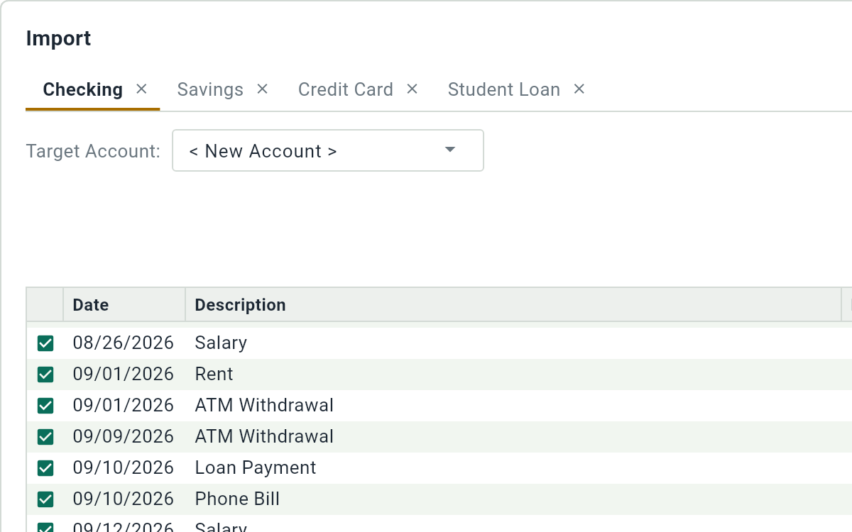 The import window: the accounts of the file in tabs, the target account, and the transactions ready to review.
