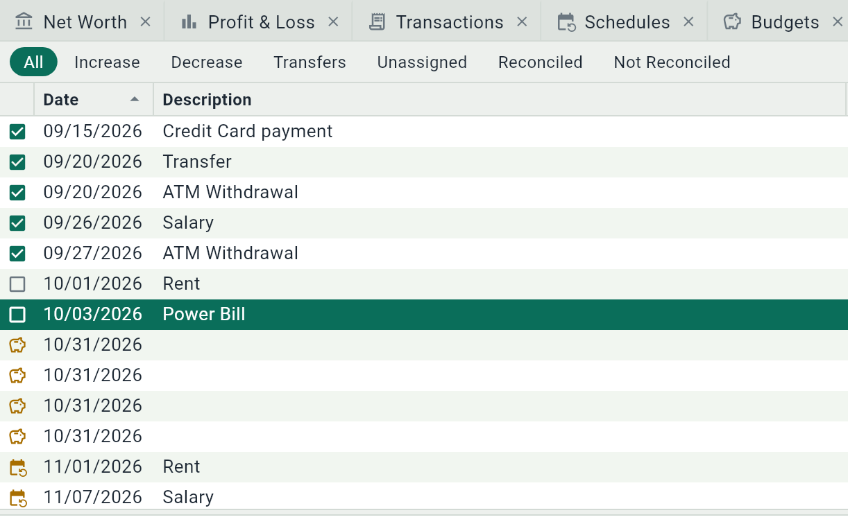 Reconciling the Checking account: a box in front of each entry, checked on those already reviewed.
